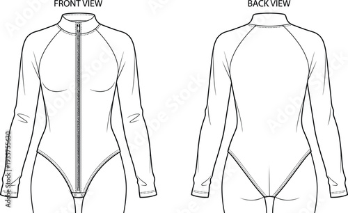 Women’s bodysuit technical illustration vector garment construction fashion design graphics, apparel pattern concept, black and white creative art collection