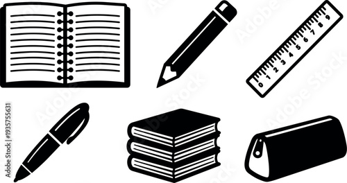 Flat design black stationery icons set showing open notebook pencil ruler pen stacked books and pencil case close up top view