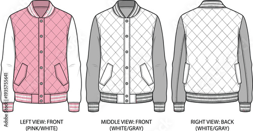 Quilted varsity jacket fashion illustration vector front back views apparel design graphics, school spirit clothing concept, creative art collection