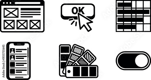 Flat design user interface icon set wireframe web page ok button click grid mobile list color swatches toggle minimal line art