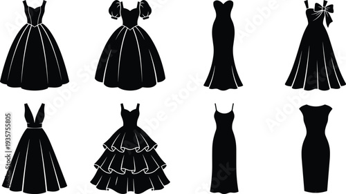 Women’s dresses fashion silhouettes illustration vector formal gowns design graphics, apparel elegance concept, black and white creative art collection