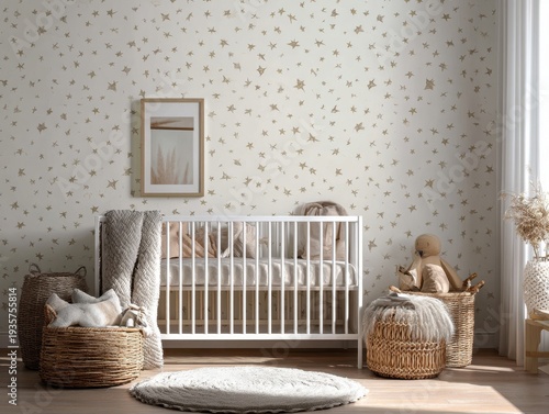 Cozy nursery with white crib and woven baskets. Soft wallpaper features delicate, scattered patterns. Framed artwork hangs above the crib. Blanket draped beside the crib adds warmth