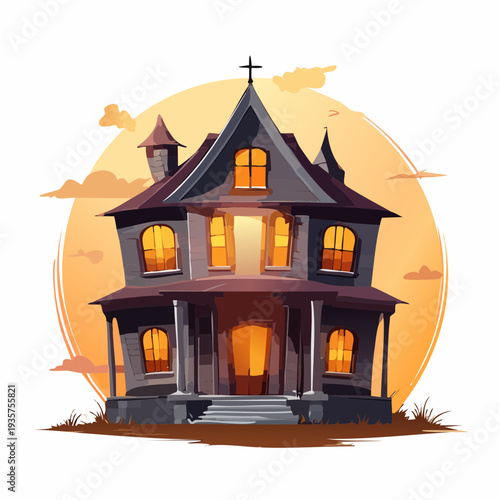 Haunted House Illustration with a Spooky Atmosphere and Eerie Glowing Windows