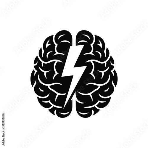 A stylized brain illustration with a lightning bolt splitting it in two