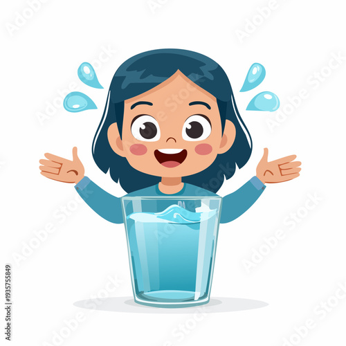 Cheerful cartoon girl embracing healthy hydration with a refreshing glass of cool, pure water for vitality