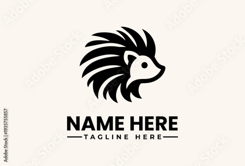 A stylized hedgehog logo with spiky quills and a simple face design, accompanied by a 'NAME HERE' text placeholder and 'TAGLINE HERE' on a clean white background, ideal for branding or icon