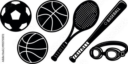 Flat design monochrome black sports equipment set close up soccer ball basketball tennis racket and baseball bat with swim goggles