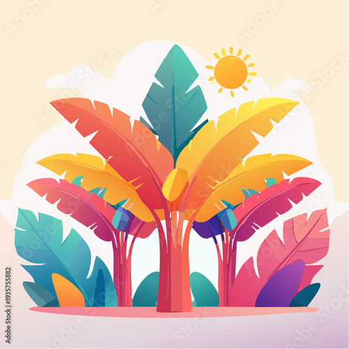 Vibrant Tropical Banana Leaf Plants Flourishing Under a Bright Sunny Sky Illustration
