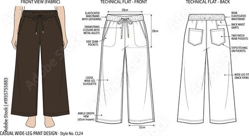Women’s casual wide-leg pants technical illustration vector garment construction fashion design graphics, apparel pattern concept, creative art collection