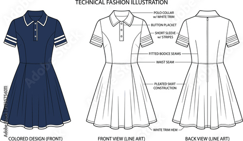 Women’s polo shirt dress technical illustration vector garment construction fashion design graphics, apparel pattern concept, black and white creative art collection