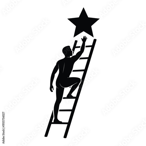 Man climbing a ladder towards a bright star in a silhouette style