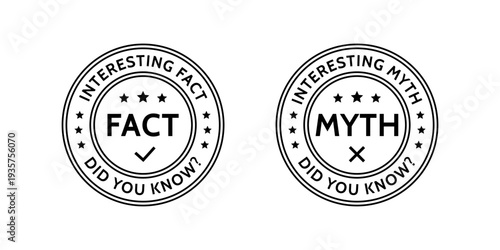 Fact Myth round stamps. Truth or false seal imprints. Interesting facts sticker. Black emblems isolated on white background. Infographic labels. Retro badges templates. Vector illustration.