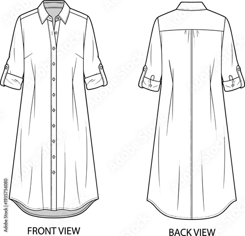 Women’s shirt dress technical illustration vector garment construction fashion design graphics, apparel pattern concept, black and white creative art collection