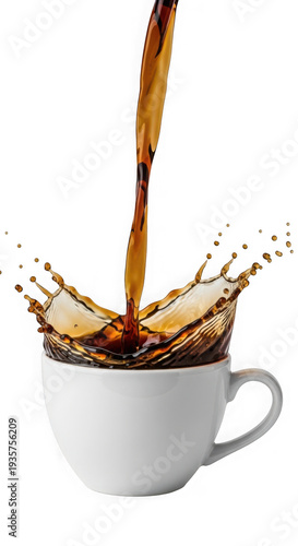 Coffee being poured into a white cup, creating a splash, isolated on transparent background