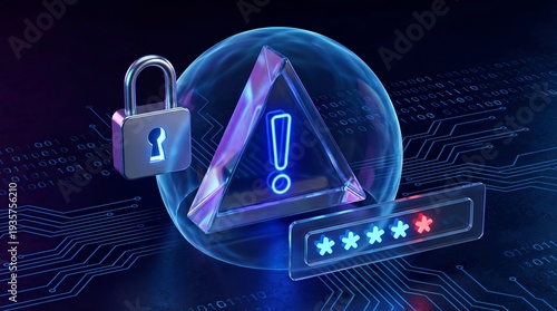 Lock, warning sign, and password field for cyber security concept. Digital data protection for information safety.