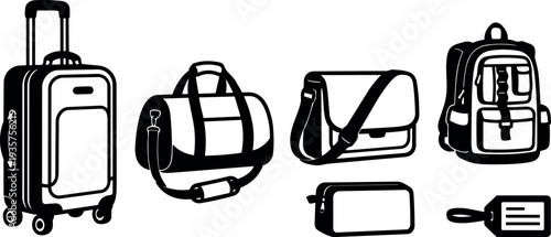 Flat design black luggage icons set showing rolling suitcase duffel messenger bag backpack toiletry pouch and luggage tag side view