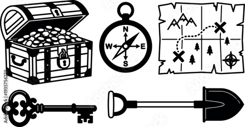 Line art pirate treasure icons chest full of coins compass map antique key and shovel set in flat vector collection