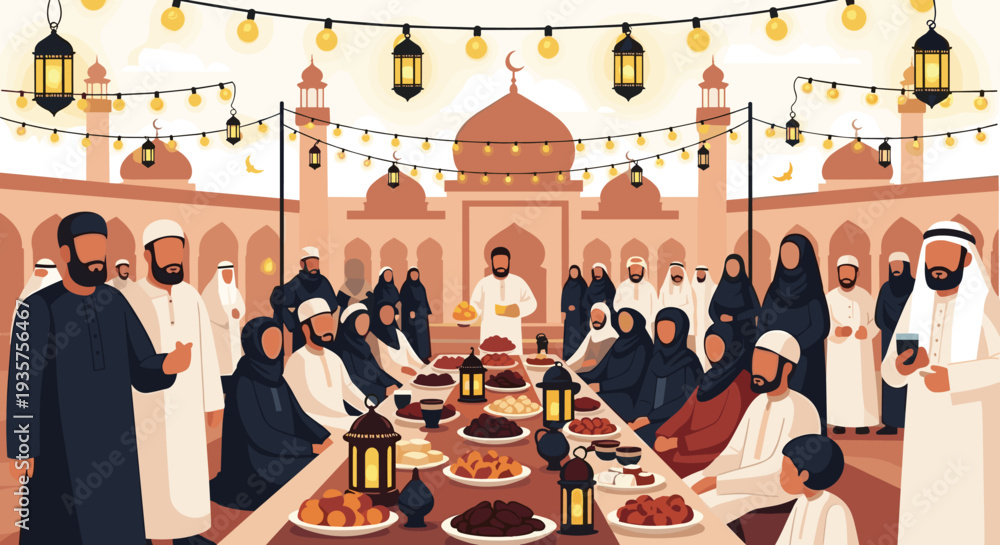 Fototapeta premium Ramadan Kareem Night Illustration with Mosque, Lanterns, Crescent Moon and Iftar Dates