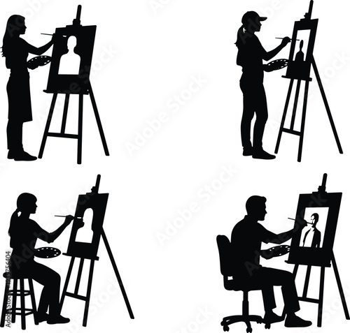 Artist painter silhouettes painting portrait on canvas with easel and palette, creative people isolated vector set for art studio design