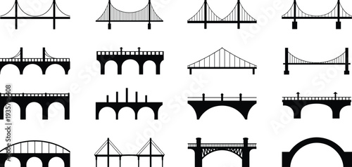Bridge silhouette and icon collection, arched, suspension and beam bridge designs, transportation infrastructure symbols, architectural bridge vector set for maps and logos