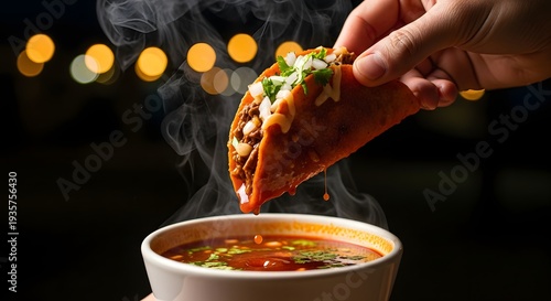 Birria Tacos with Consome Dip Held Over Steaming Broth Bowl