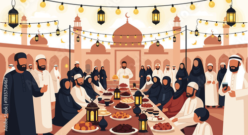 Ramadan Kareem Night Illustration with Mosque, Lanterns, Crescent Moon and Iftar Dates