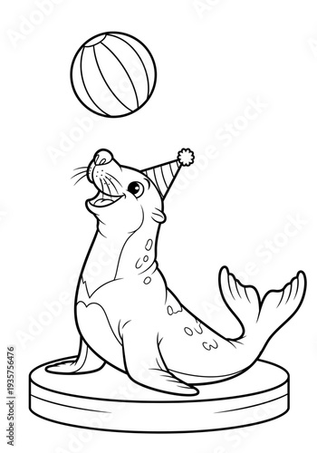 Seal wearing party hat balancing ball on nose in simple vector graphic design for fun and playful illustration