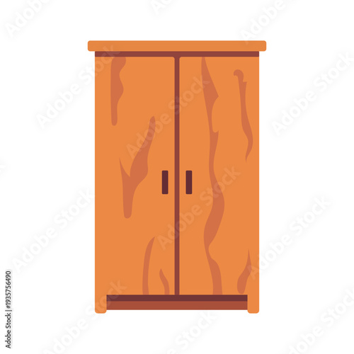 Illustration of a wooden cabinet with two doors and handles viewed from the front in a minimalist environment