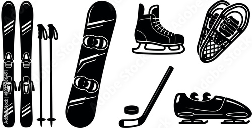 Minimalist vector flat design winter sports equipment set skis poles snowboard hockey stick puck ice skates snowshoes bobsled silhouette icons