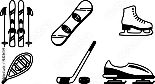 Flat design collection of winter sports equipment icons including skis poles snowboard hockey stick puck ice skates snowshoe minimal line
