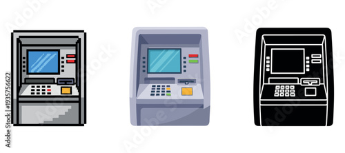 Three atm machine illustrations: pixelated, modern, and silhouette designs