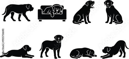Illustration of various dog poses and behaviors in a minimalist vector style