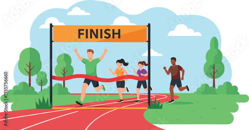 Flat vector illustration of diverse athletes crossing the finish line at a marathon race in a green park