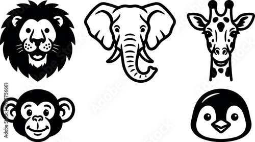 Flat design animal head icons lion elephant giraffe monkey penguin front facing set simple bold line art vector black white