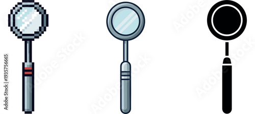 Magnifying glass trio: pixel art, realistic, silhouette designs