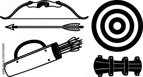 Flat design top view archery equipment set bow arrow quiver target armguard close up minimal black silhouette on white vector