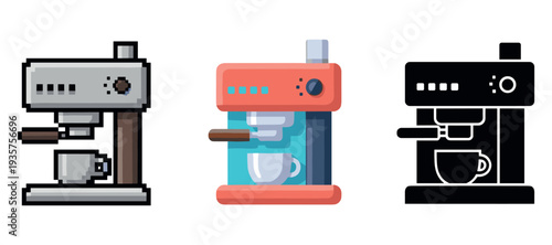 Pixel art coffee machines: retro, modern, silhouette espresso makers