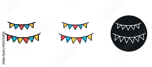 Colorful pixel and flat bunting flags icons in various styles