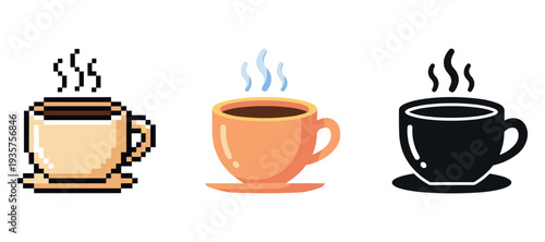 Pixel, cartoon, and silhouette coffee cups with steam on white background