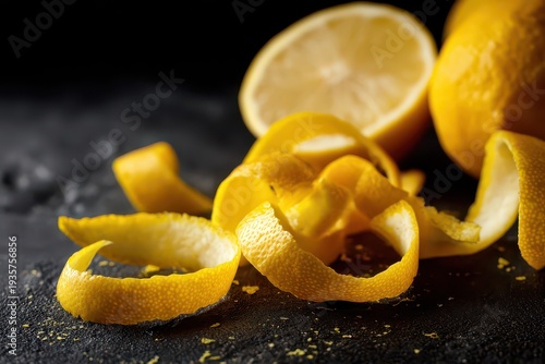 Bright Yellow Lemon Zest and Peel Scattered on Dark Textured Surface with Dramatic Lighting and Shallow Depth of Field highlighting Citrus Fruit Texture