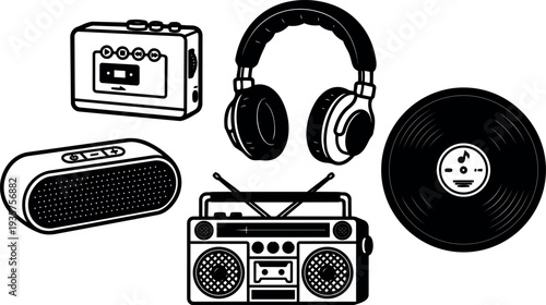 Line art retro composition of headphones cassette boombox vinyl record portable speaker and tape player in close up bold outline