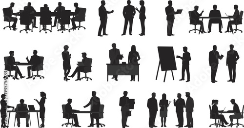 Business people silhouettes set, office meeting and teamwork scenes black vector collection of corporate professionals isolated on light background