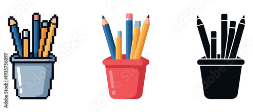 Pixel art, colorful, and silhouette pencil holders showcasing creative design styles