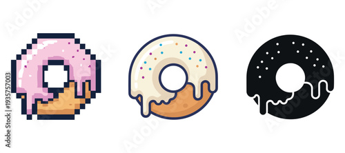 Pixelated, cartoon, and silhouette donut designs with colorful icing