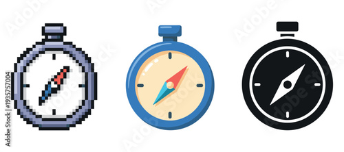 Pixel art, flat design, and minimalist icons of compasses on white background
