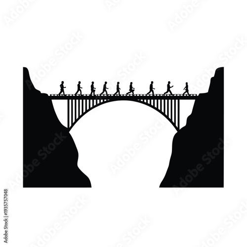 Silhouetted figures walk across a suspension bridge between cliffs