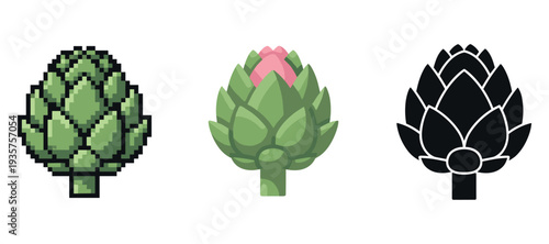 Artichoke trio: pixel, cartoon, silhouette variations on white background