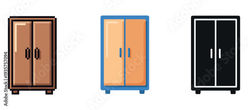 Three colorful wardrobes with different designs and styles on white background
