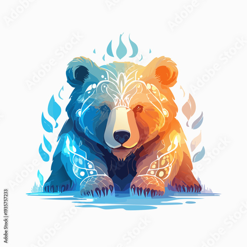 Majestic Elemental Bear with Contrasting Fire and Ice Energies Illustrating Nature's Duality