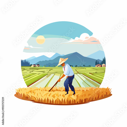 Dedicated Farmer Cultivating Rice in a Vibrant Green Paddy Field Under a Bright Sky